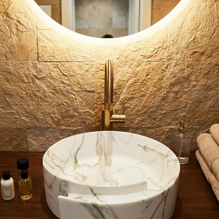 Lavoar rotund ceramic A494-P310-M – alb marmorat cu accente aurii