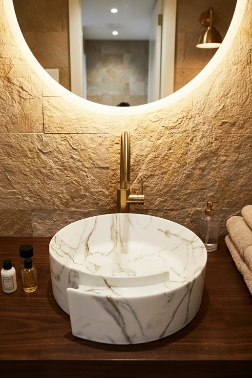 Lavoar rotund ceramic A494-P310-M – alb marmorat cu accente aurii