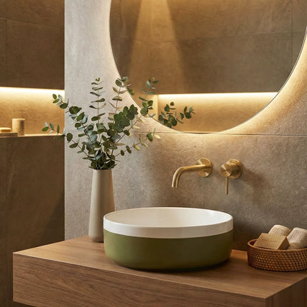 Lavoar ceramic rotund A524B-CA12M – design modern alb mat și verde deschis mat