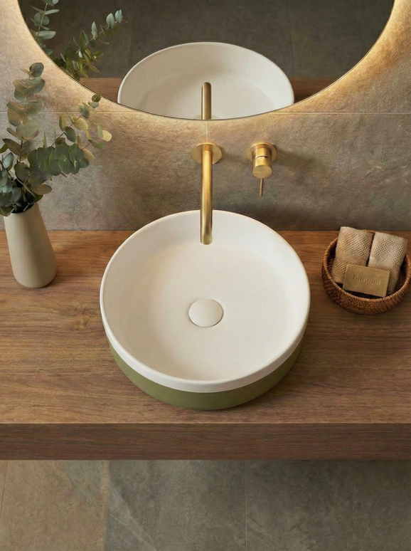 Lavoar ceramic rotund A524B-CA12M – design modern alb mat și verde deschis mat