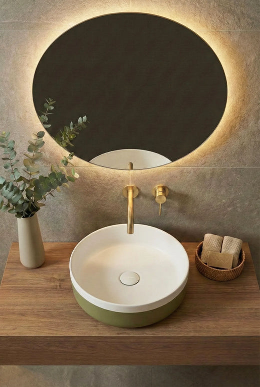 Lavoar ceramic rotund A524B-CA12M – design modern alb mat și verde deschis mat