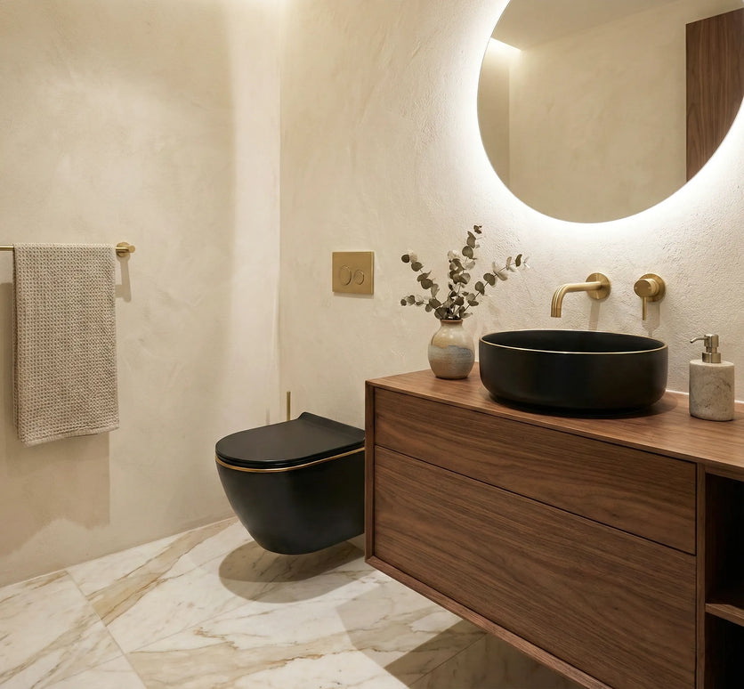 Lavoar ceramic rotund A524B-CBKLG-M – design elegant negru mat cu linie aurie