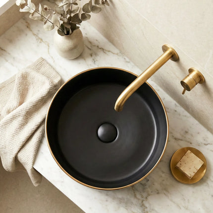 Lavoar ceramic rotund A524B-CBKLG-M – design elegant negru mat cu linie aurie