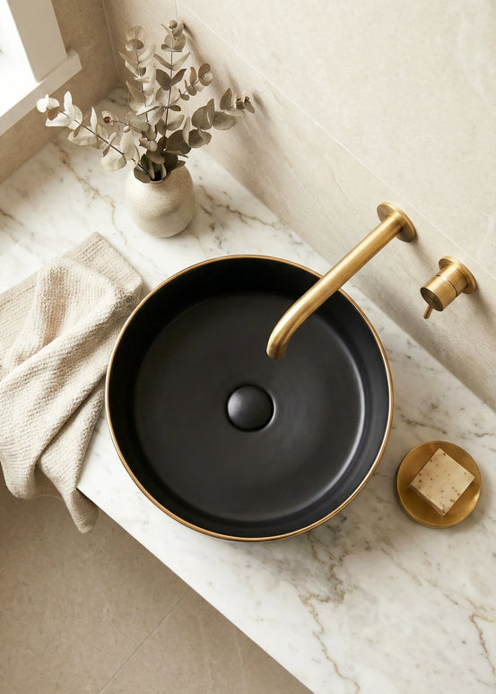 Lavoar ceramic rotund A524B-CBKLG-M – design elegant negru mat cu linie aurie