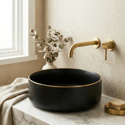 Lavoar ceramic rotund A524B-CBKLG-M – design elegant negru mat cu linie aurie