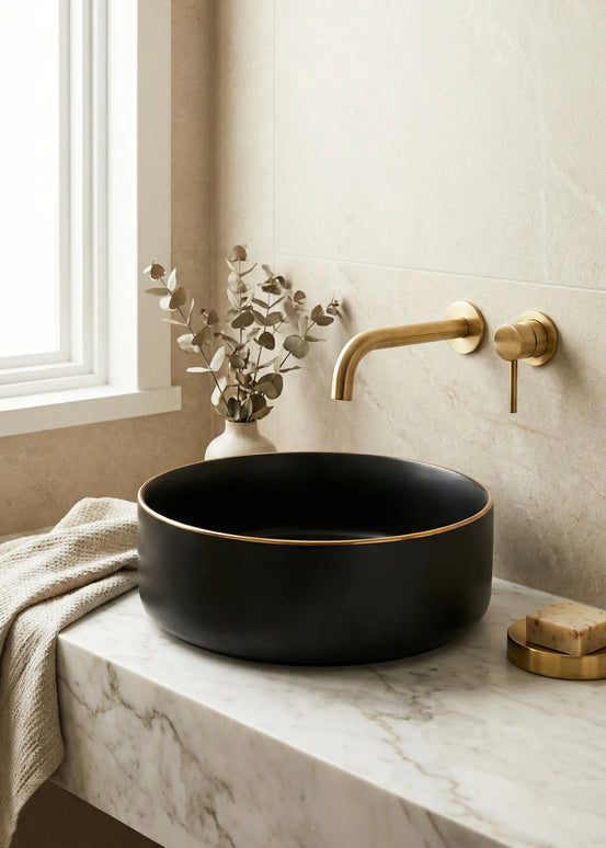 Lavoar ceramic rotund A524B-CBKLG-M – design elegant negru mat cu linie aurie
