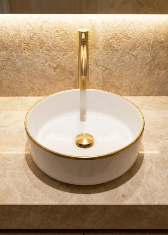 Lavoar ceramic rotund A524B-CWLG-M – design elegant alb mat cu linie aurie