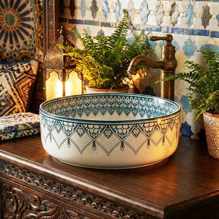 Lavoar ceramic rotund A524B-D – design decorativ albastru și alb lucios