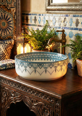 Lavoar ceramic rotund A524B-D – design decorativ albastru și alb lucios