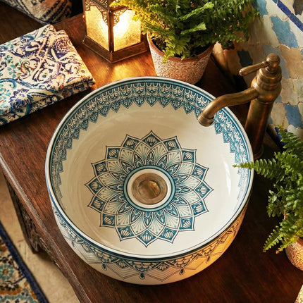 Lavoar ceramic rotund A524B-D – design decorativ albastru și alb lucios