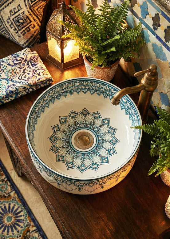 Lavoar ceramic rotund A524B-D – design decorativ albastru și alb lucios