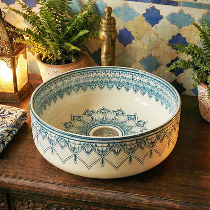 Lavoar ceramic rotund A524B-D – design decorativ albastru și alb lucios