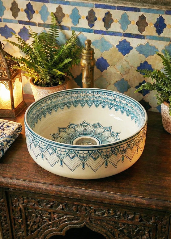 Lavoar ceramic rotund A524B-D – design decorativ albastru și alb lucios