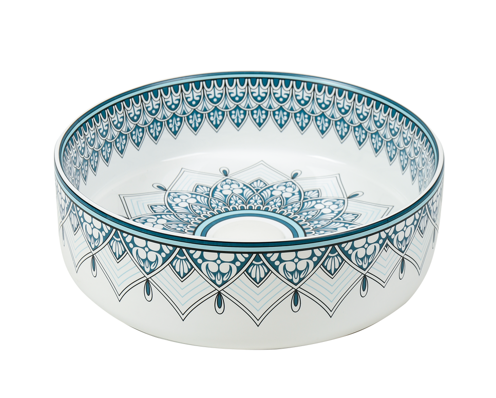 Lavoar ceramic rotund A524B-D – design decorativ albastru și alb lucios