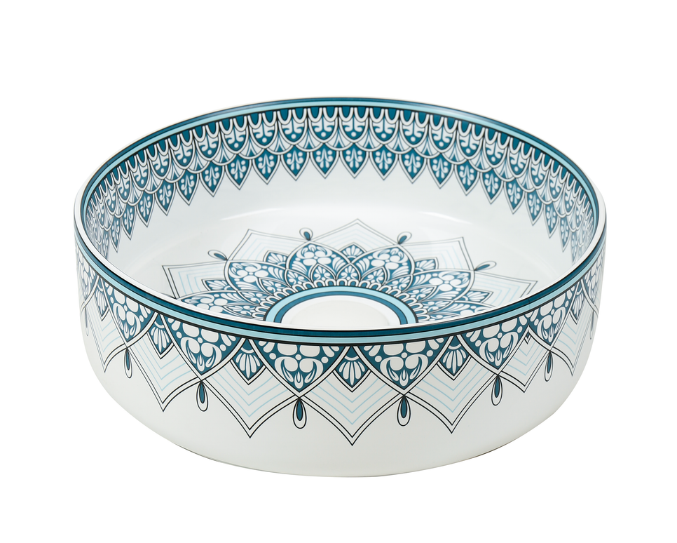 Lavoar ceramic rotund A524B-D – design decorativ albastru și alb lucios