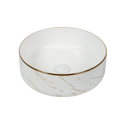 Lavoar rotund ceramic A524B-KG268 – alb marmorat cu accente aurii