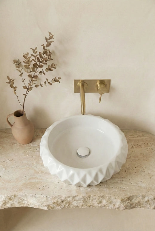 Lavoar ceramic rotund A535 – alb lucios, exterior geometric