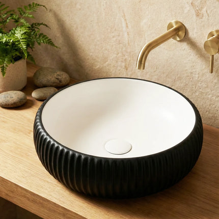 Lavoar ceramic rotund A544-CBKW-MRS – design modern alb mat și negru mat texturat