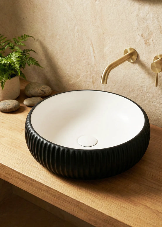 Lavoar ceramic rotund A544-CBKW-MRS – design modern alb mat și negru mat texturat