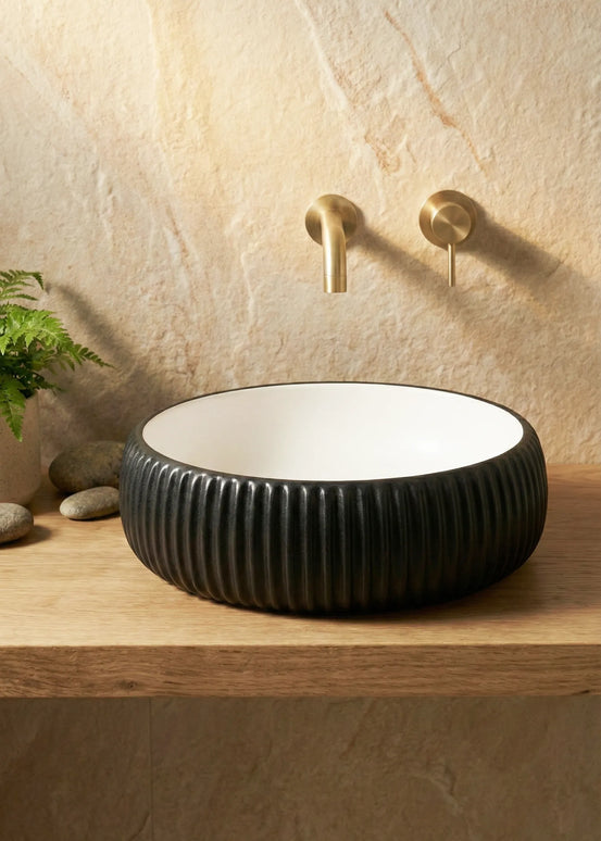 Lavoar ceramic rotund A544-CBKW-MRS – design modern alb mat și negru mat texturat