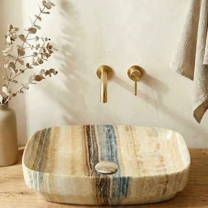 Lavoar ceramic oval A585A-P254 – design marmorat lucios crem cu vene gri și aurii