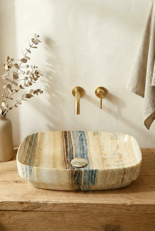 Lavoar ceramic oval A585A-P254 – design marmorat lucios crem cu vene gri și aurii