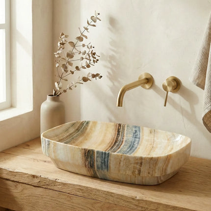 Lavoar ceramic oval A585A-P254 – design marmorat lucios crem cu vene gri și aurii