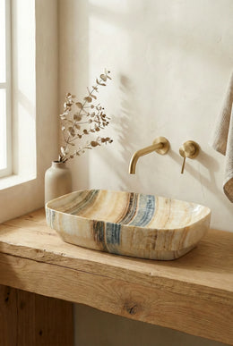 Lavoar ceramic oval A585A-P254 – design marmorat lucios crem cu vene gri și aurii