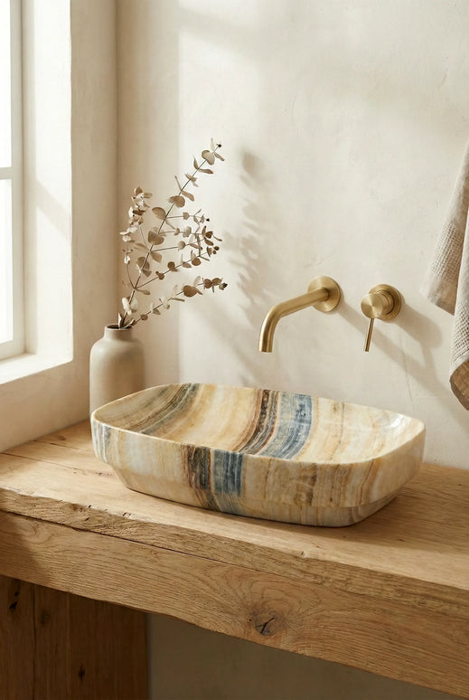 Lavoar ceramic oval A585A-P254 – design marmorat lucios crem cu vene gri și aurii