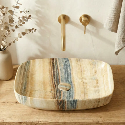 Lavoar ceramic oval A585A-P254 – design marmorat lucios crem cu vene gri și aurii