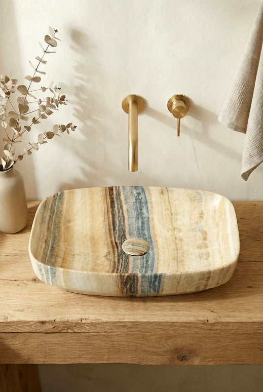 Lavoar ceramic oval A585A-P254 – design marmorat lucios crem cu vene gri și aurii