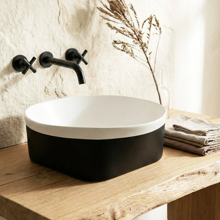 Lavoar ceramic rotund A692-CA08M – design modern alb mat și negru mat