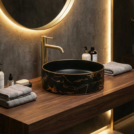 Lavoar ceramic rotund negru cu inserții aurii – A712-CBK64-M
