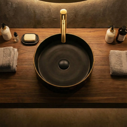 Lavoar ceramic rotund negru cu inserții aurii – A712-CBK64-M