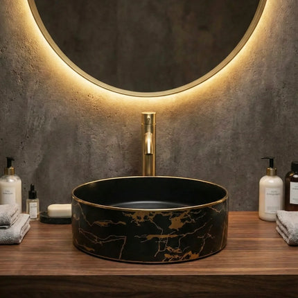 Lavoar ceramic rotund negru cu inserții aurii – A712-CBK64-M