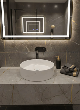 Lavoar Rotund Alb  din Ceramică cu Finisaj Marble Subtil - a712-cugo04-m