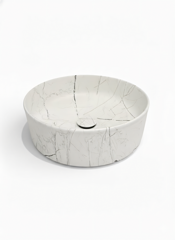 Lavoar Ceramic Rotund Alb cu Model Marmură Neagră a712-p429m