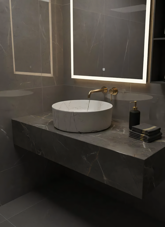 Lavoar Ceramic Rotund Alb cu Model Marmură Neagră a712-p429m