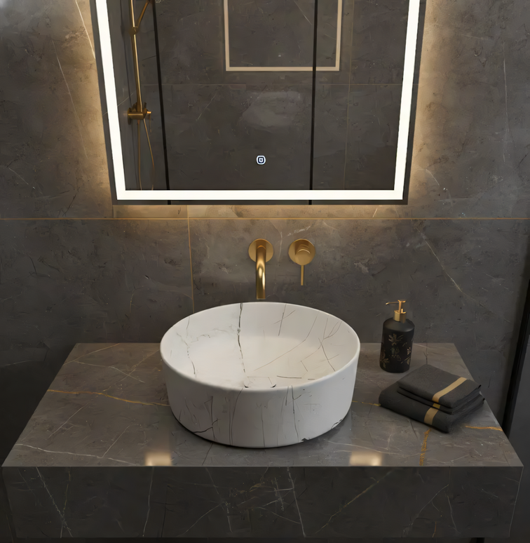 Lavoar Ceramic Rotund Alb cu Model Marmură Neagră a712-p429m