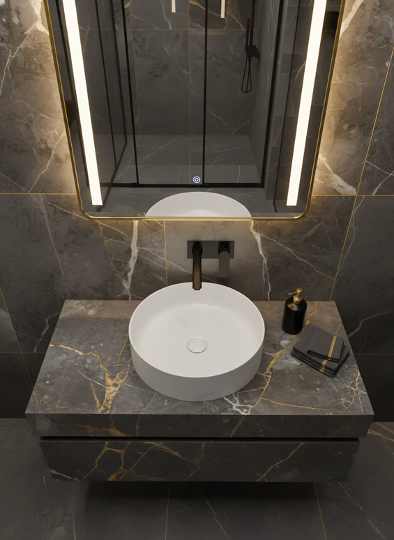 Lavoar Rotund Alb  din Ceramică cu Finisaj Marble Subtil - a712-cugo04-m