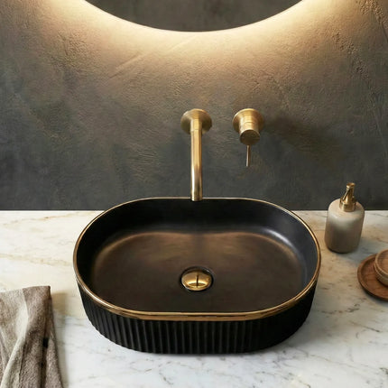 Lavoar ceramic oval A721-CBKGGLG-M – negru mat texturat cu linie aurie
