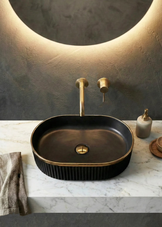 Lavoar ceramic oval A721-CBKGGLG-M – negru mat texturat cu linie aurie