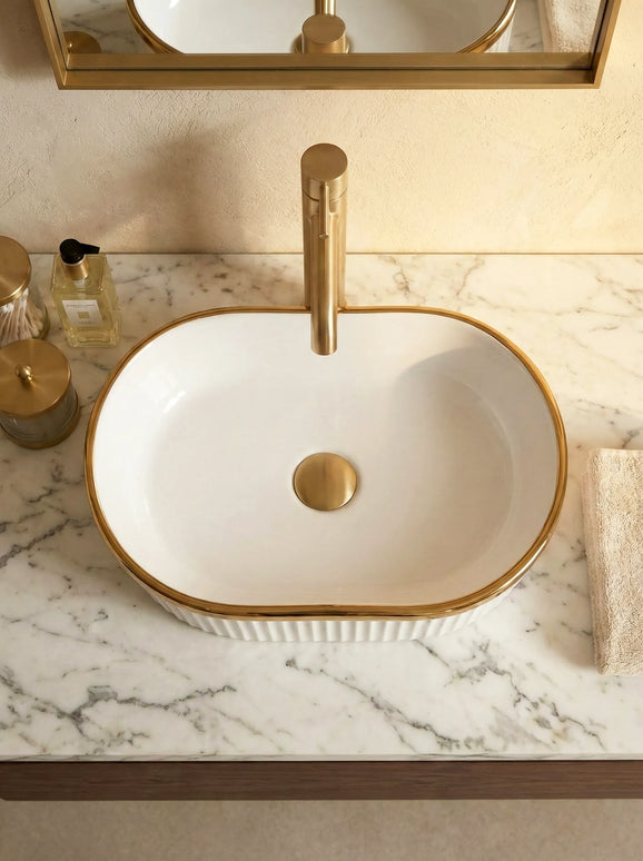 Lavoar ceramic oval A721-GGLG – alb lucios texturat cu linie aurie