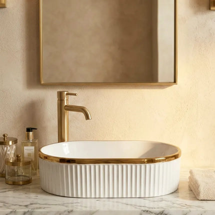 Lavoar ceramic oval A721-GGLG – alb lucios texturat cu linie aurie