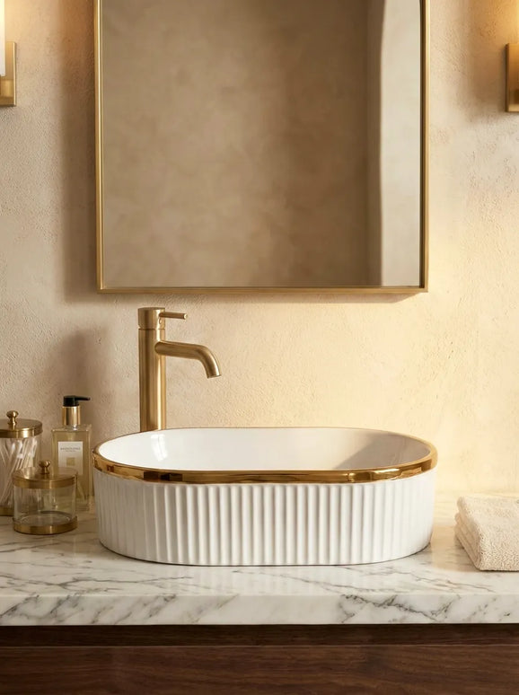 Lavoar ceramic oval A721-GGLG – alb lucios texturat cu linie aurie