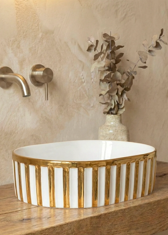 Lavoar ceramic oval A721-GGLW – design elegant alb lucios cu decor auriu