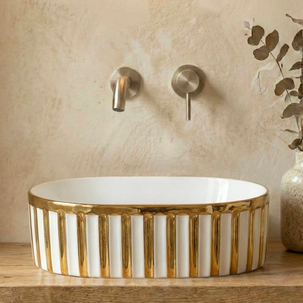 Lavoar ceramic oval A721-GGLW – design elegant alb lucios cu decor auriu