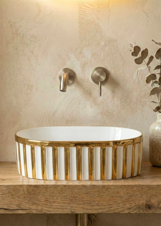 Lavoar ceramic oval A721-GGLW – design elegant alb lucios cu decor auriu