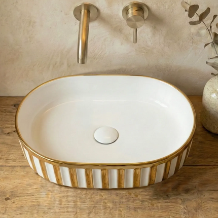 Lavoar ceramic oval A721-GGLW – design elegant alb lucios cu decor auriu