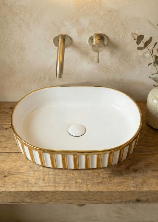 Lavoar ceramic oval A721-GGLW – design elegant alb lucios cu decor auriu